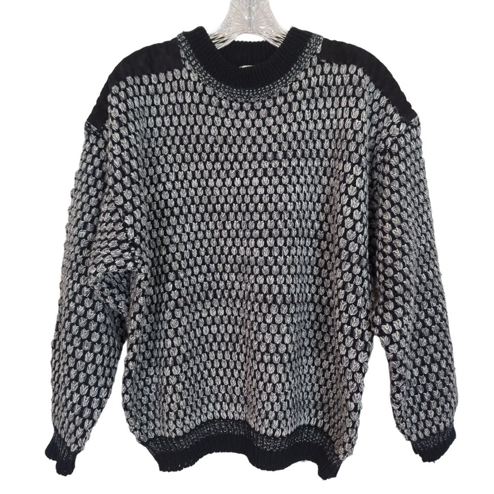 Vintage Chunky Knit Men's Sweater Textured Pattern Suede-Like‎ Shoulder Panels